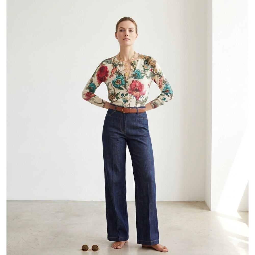 Samantha Sung Bijou Collection Silk and Cashmere Artisan Printed Cardigan Small